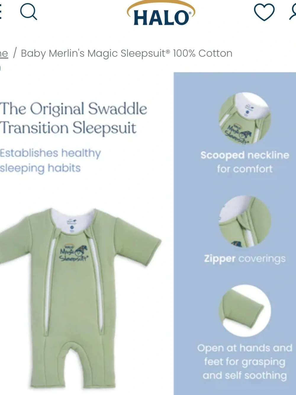 Halo Sage Green Infant Sleepsuit with Double Zipper